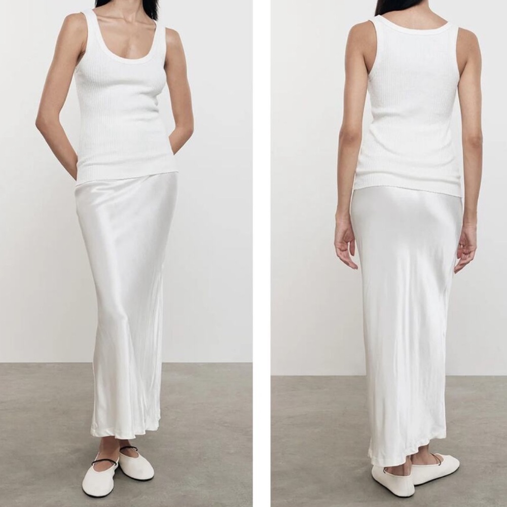 ENZA COSTA Satin Bias Cut Skirt Women XS Undyed White Midi Maxi Pull On Slip NEW